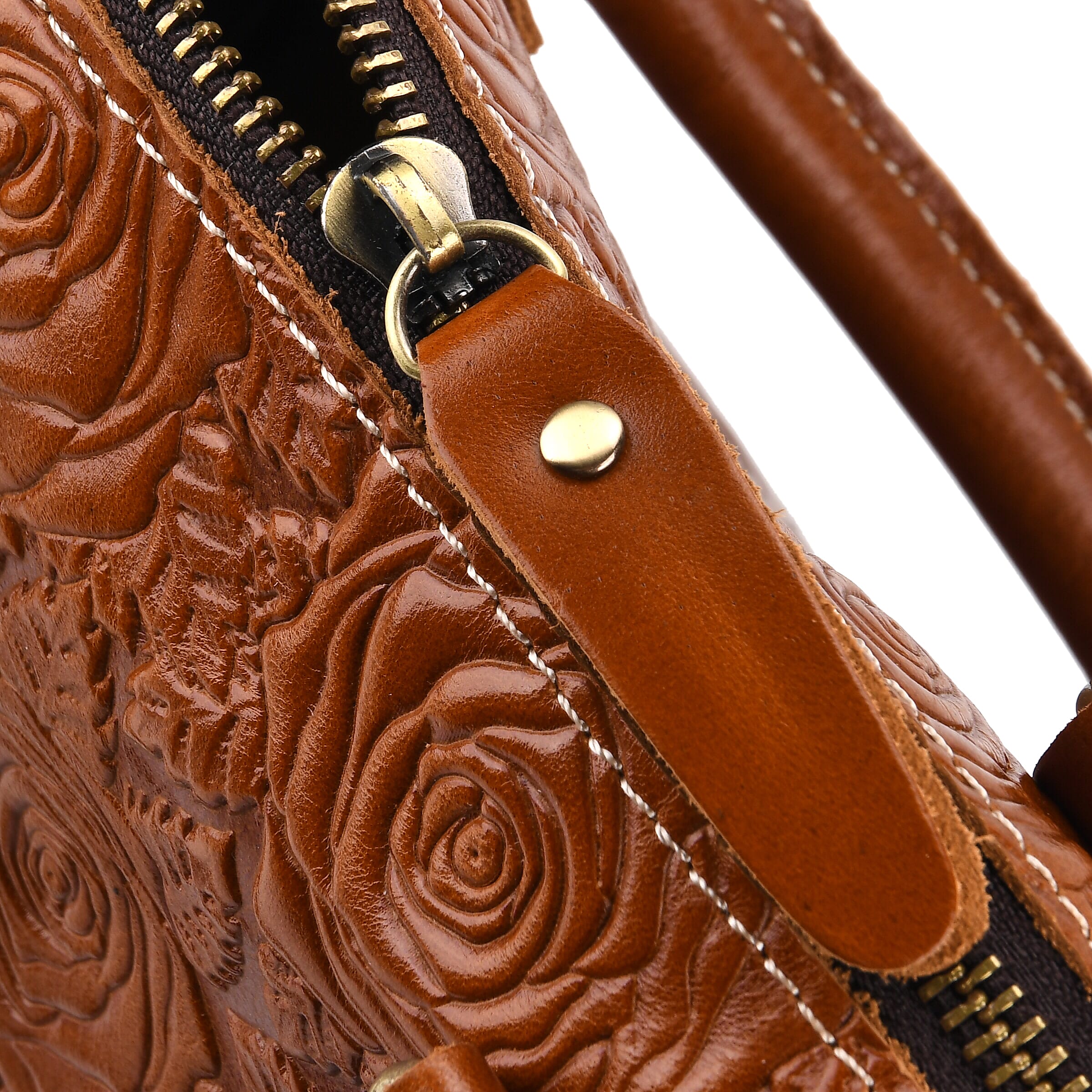 Valissiere Brocade with Genuine Leather Satchel Handbag with Shoulder Strap (120 cm) - Brown