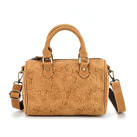 Valissiere Brocade with Genuine Leather Satchel Handbag with Shoulder Strap (120 cm) - Yellow