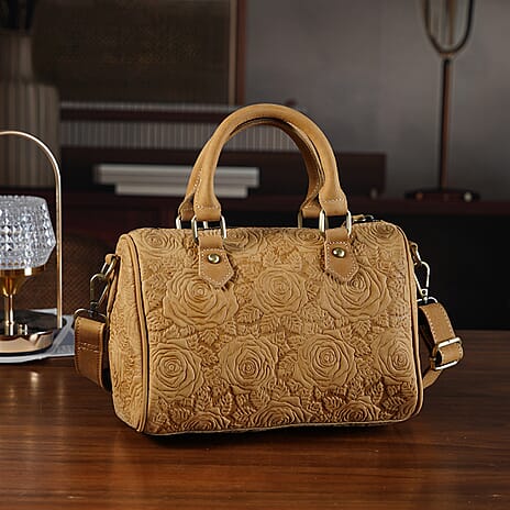 Valissiere Brocade with Genuine Leather Satchel Handbag with Shoulder Strap (120 cm) - Yellow