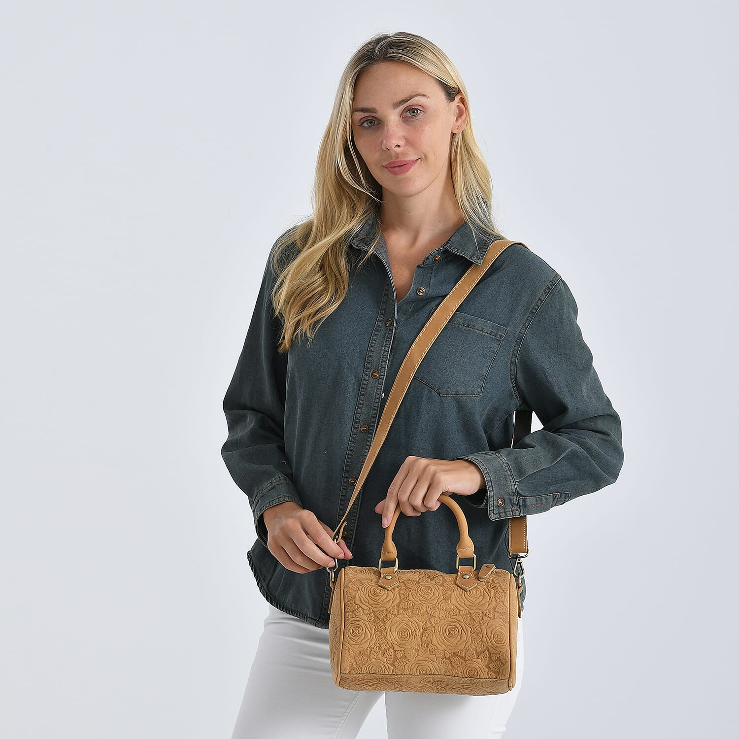 Valissiere Brocade with Genuine Leather Satchel Handbag with Shoulder Strap (120 cm) - Yellow