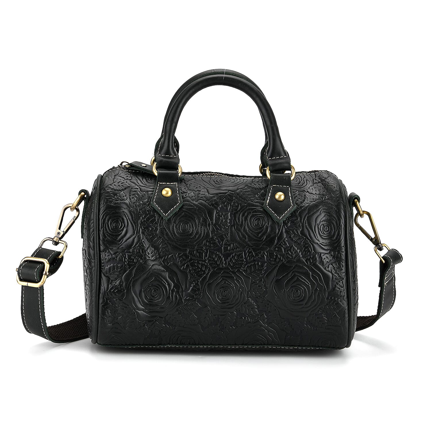 Valissiere Brocade with Genuine Leather Satchel Handbag with Shoulder Strap (120 cm) - Dark Green