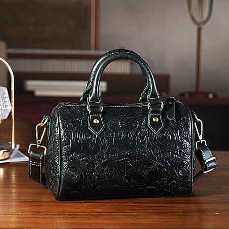 Valissiere Brocade with Genuine Leather Satchel Handbag with Shoulder Strap (120 cm) - Dark Green