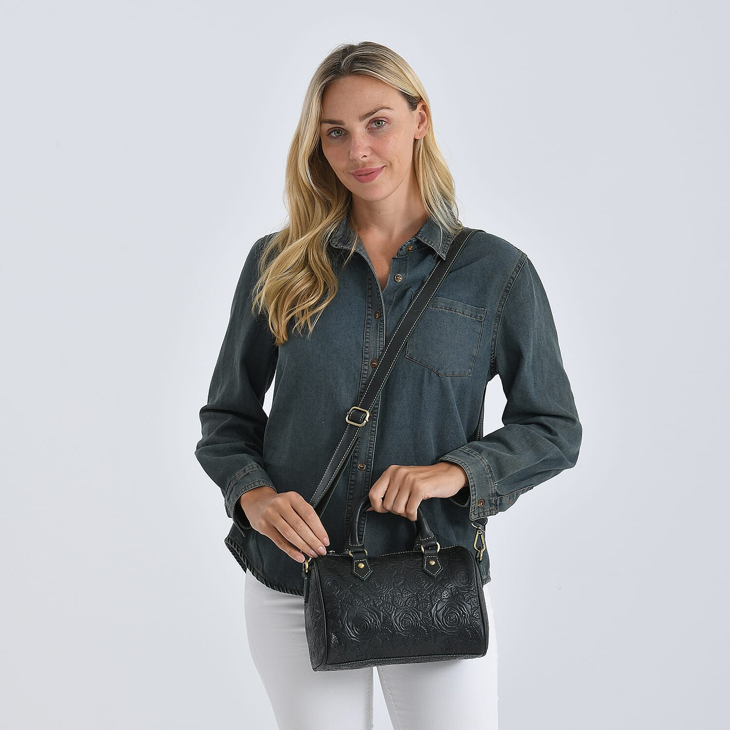 Valissiere Brocade with Genuine Leather Satchel Handbag with Shoulder Strap (120 cm) - Dark Green