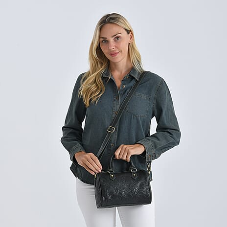 Valissiere Brocade with Genuine Leather Satchel Handbag with Shoulder Strap (120 cm) - Dark Green