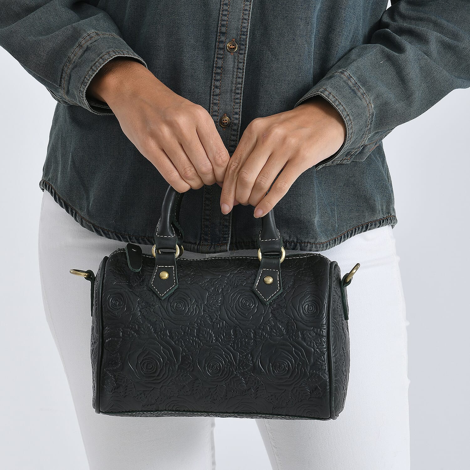 Valissiere Brocade with Genuine Leather Satchel Handbag with Shoulder Strap (120 cm) - Dark Green