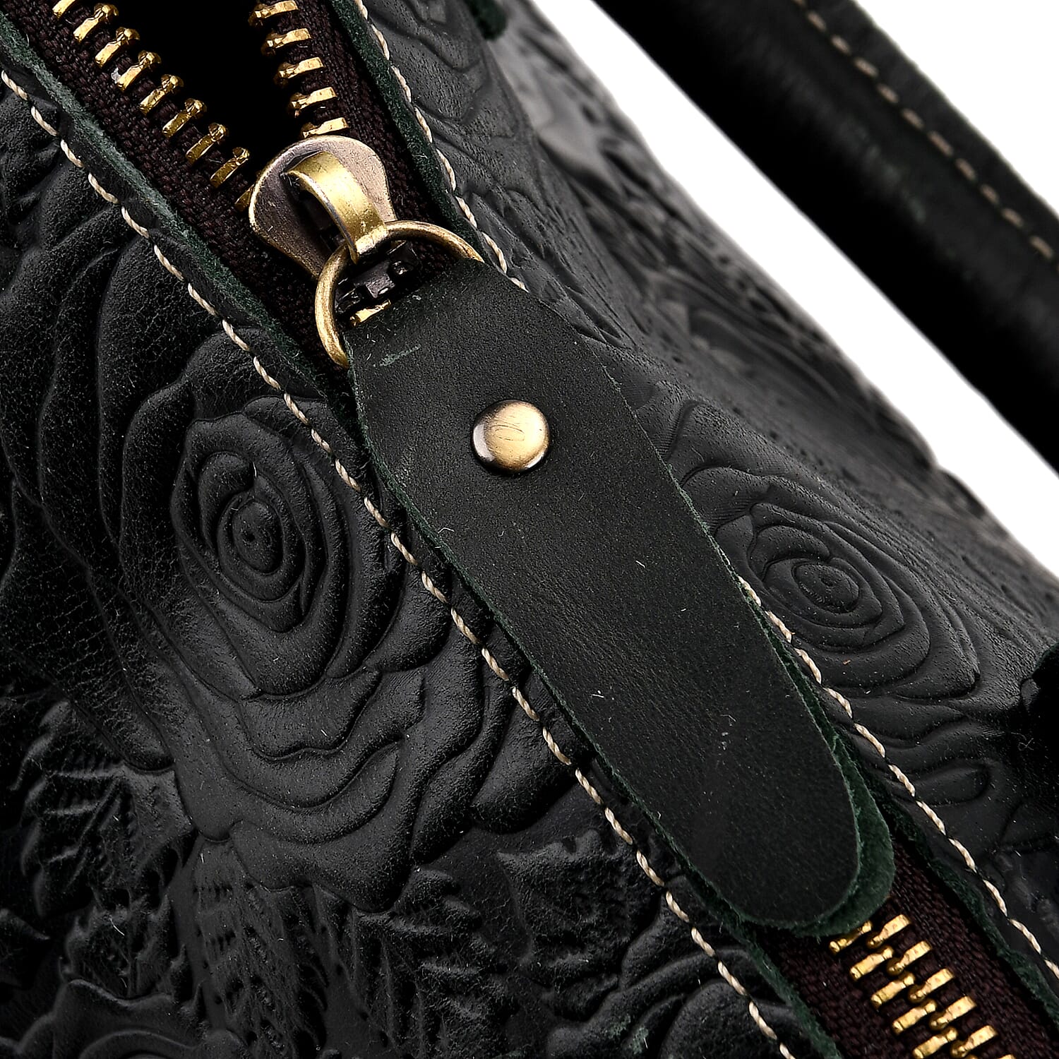 Valissiere Brocade with Genuine Leather Satchel Handbag with Shoulder Strap (120 cm) - Dark Green