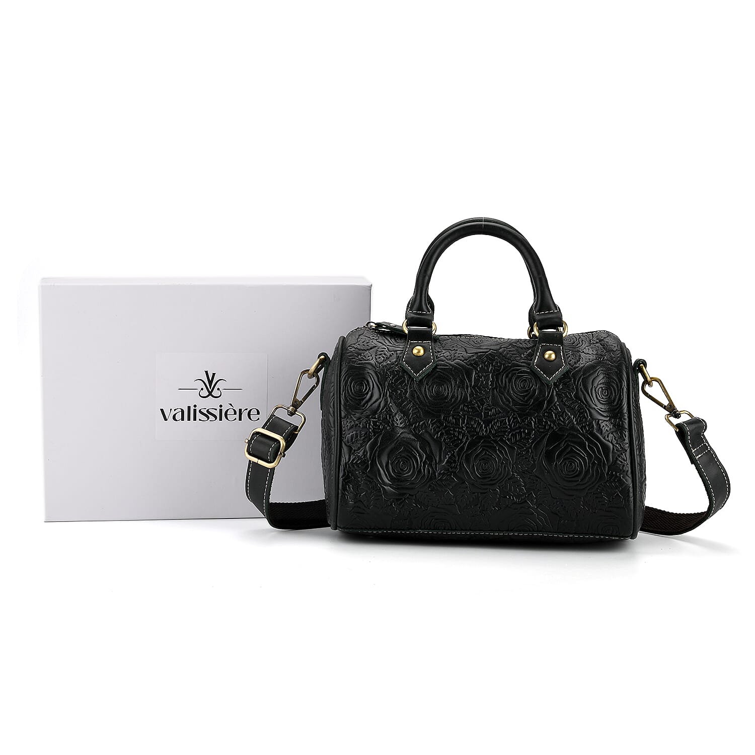 Valissiere Brocade with Genuine Leather Satchel Handbag with Shoulder Strap (120 cm) - Dark Green