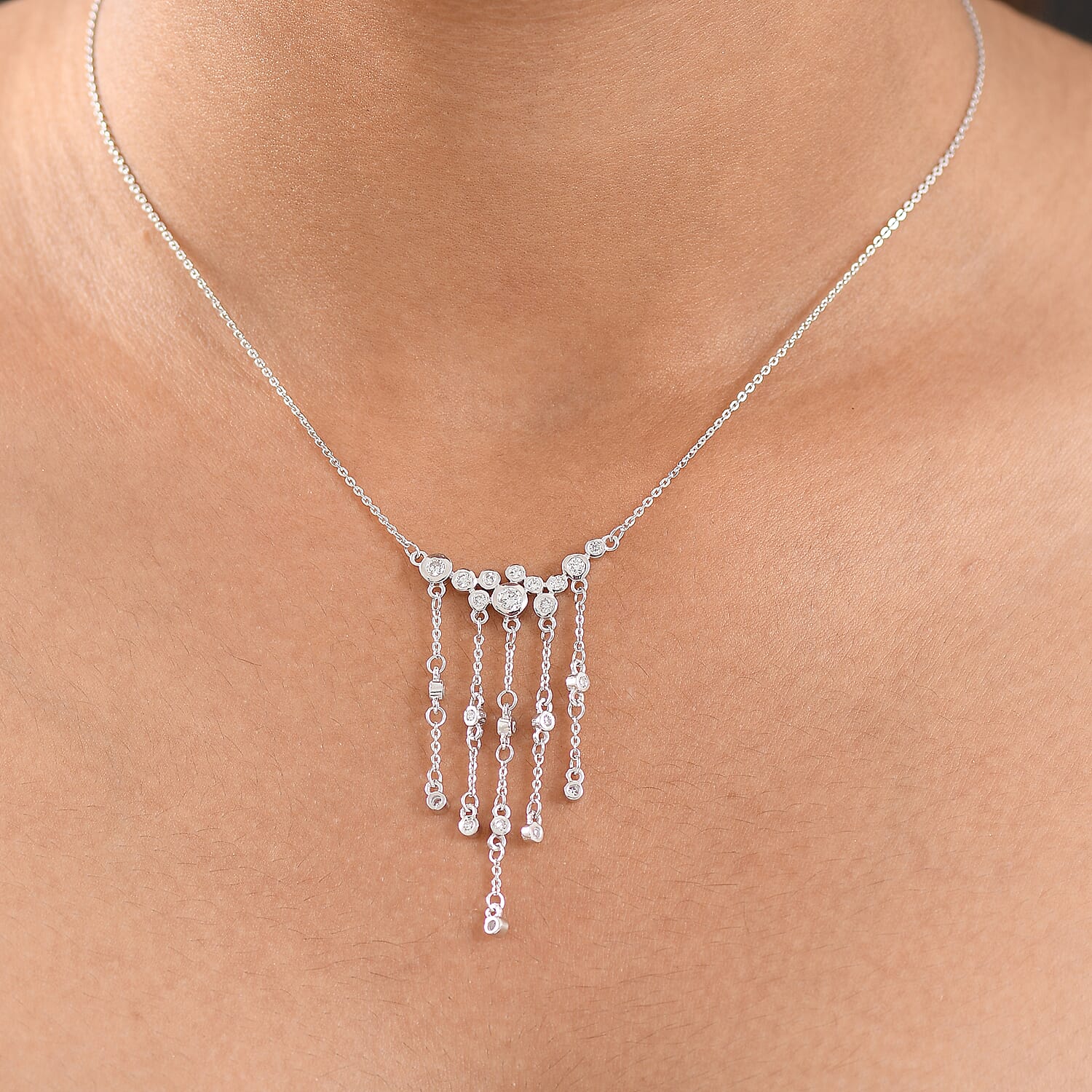 Luxuriant Lab Grown Diamond (SI-G-H) Waterfall Necklace (Size - 18) in Rhodium Overlay Sterling Silver 0.56 Ct.
