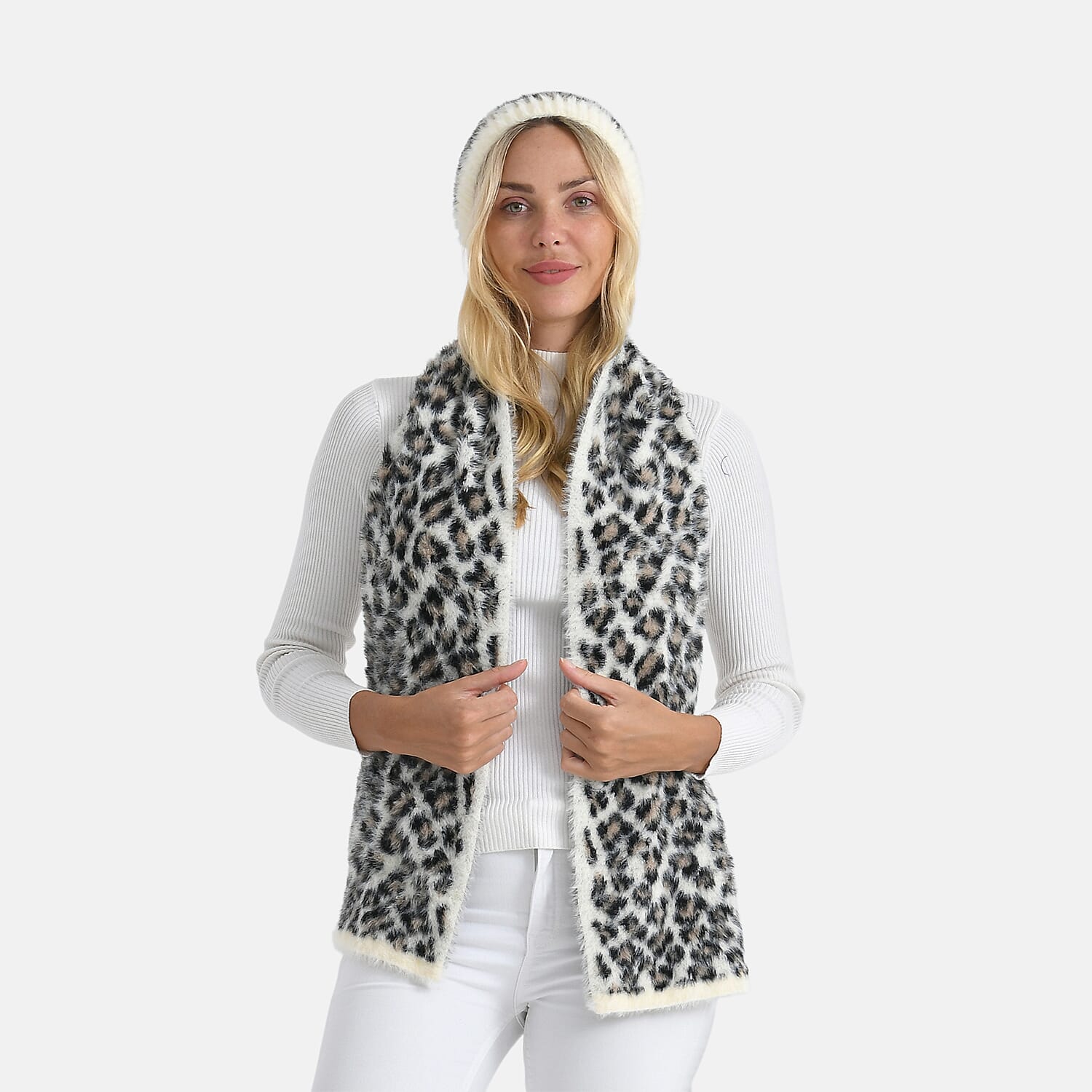 Styled By 2 Piece Leopard Print Scarf and Hat (One Size) - White