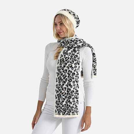 Styled By 2 Piece Leopard Print Scarf and Hat (One Size) - White