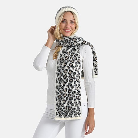 Styled By 2 Piece Leopard Print Scarf and Hat (One Size) - White