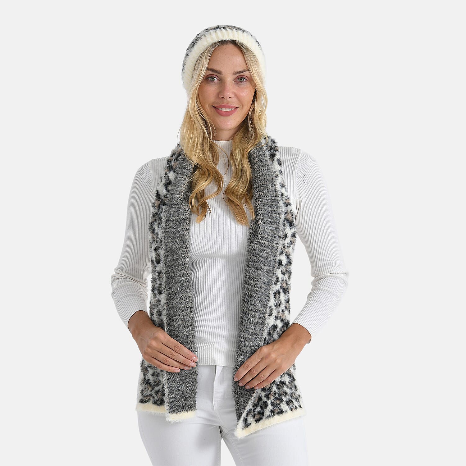 Styled By 2 Piece Leopard Print Scarf and Hat (One Size) - White