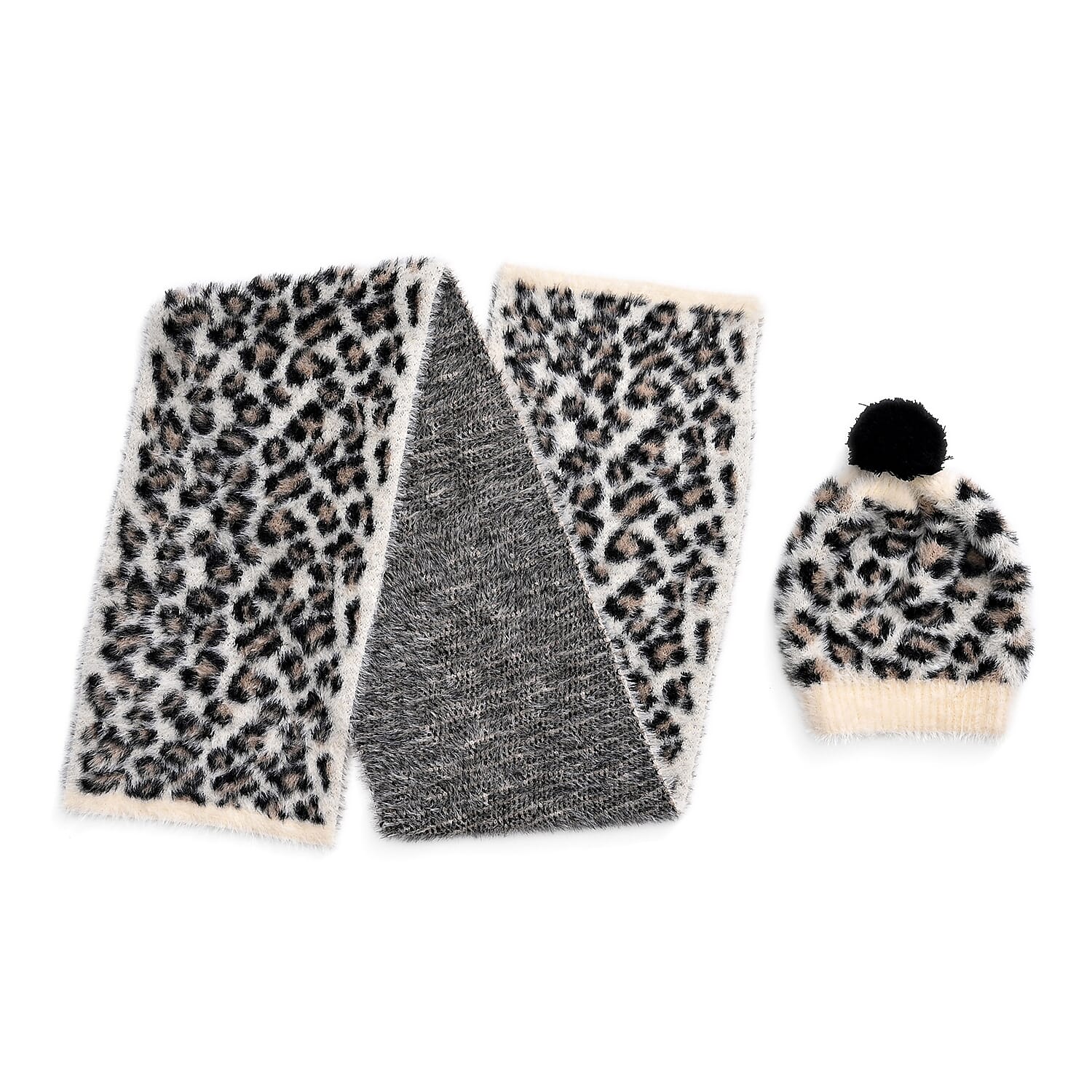 Styled By 2 Piece Leopard Print Scarf and Hat (One Size) - White