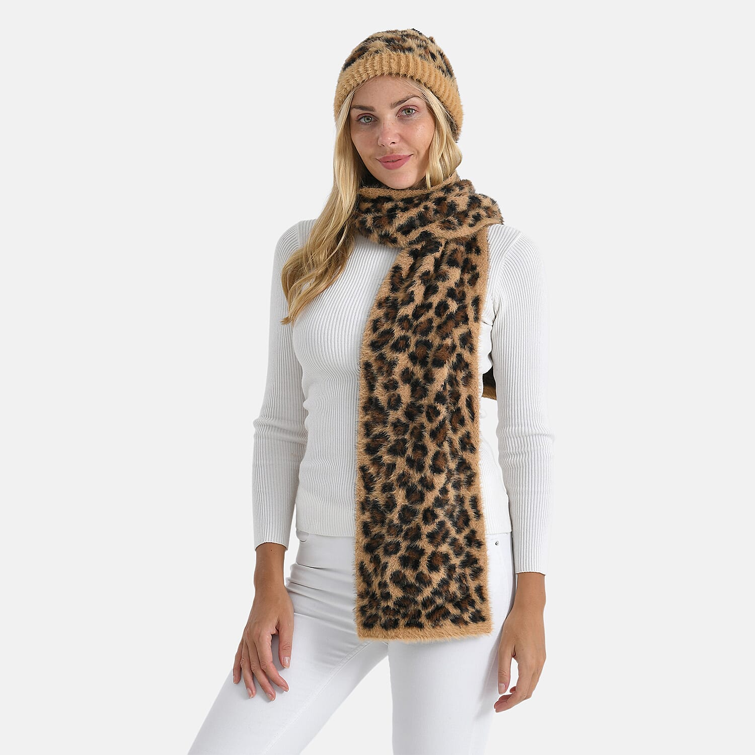 Styled By 2 Piece Leopard Print Scarf and Hat (One Size) - Brown