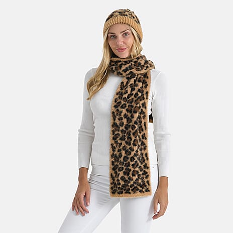 Styled By 2 Piece Leopard Print Scarf and Hat (One Size) - Brown