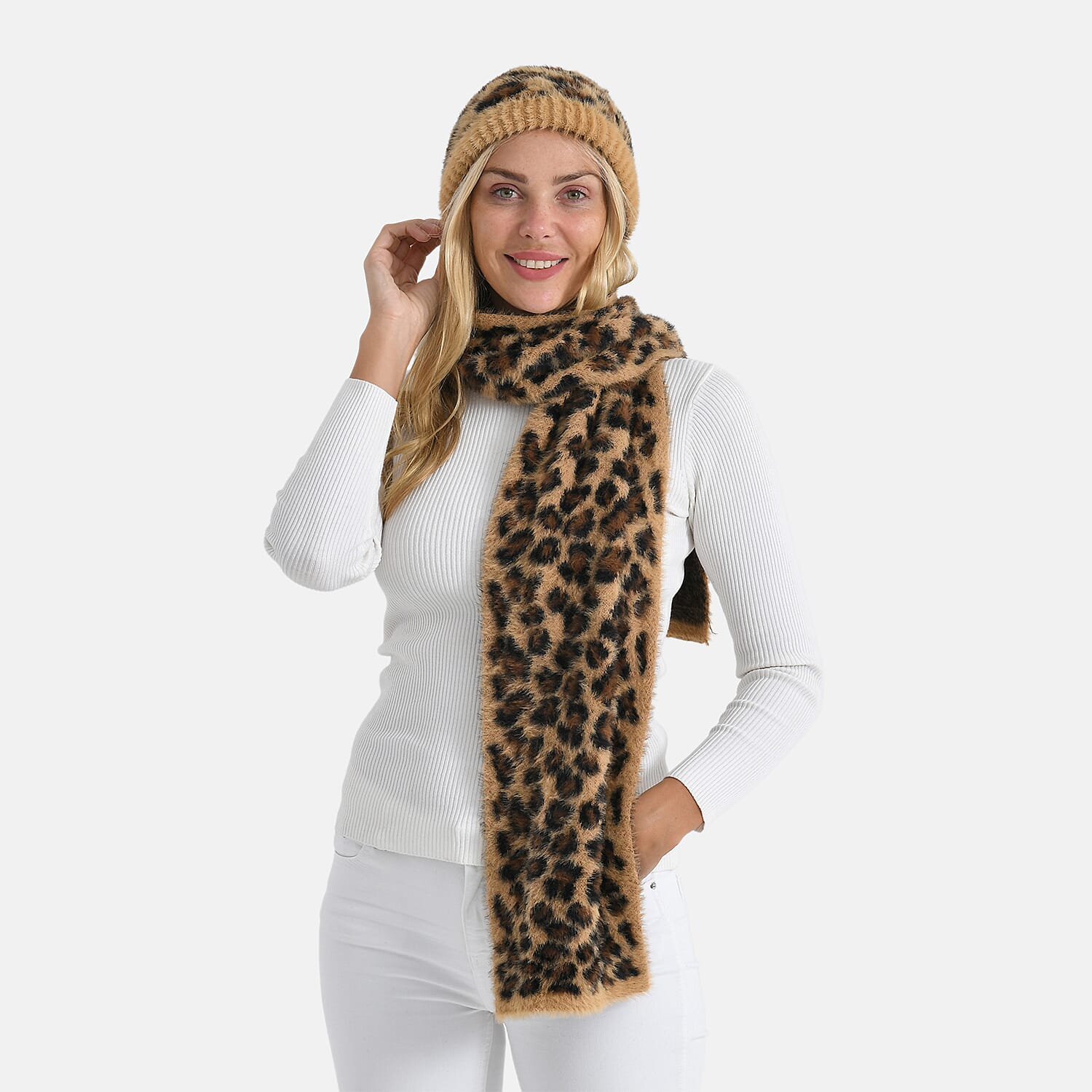 Styled By 2 Piece Leopard Print Scarf and Hat (One Size) - Brown