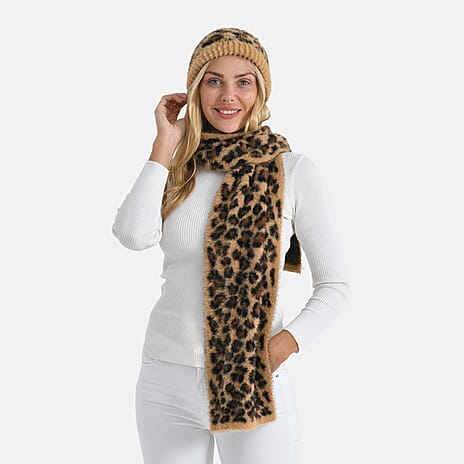 Styled By 2 Piece Leopard Print Scarf and Hat (One Size) - Brown