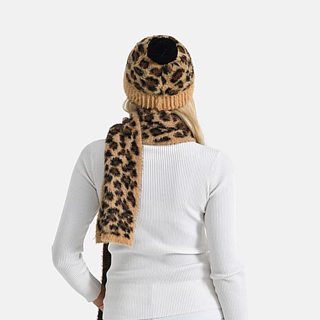Styled By 2 Piece Leopard Print Scarf and Hat (One Size) - Brown