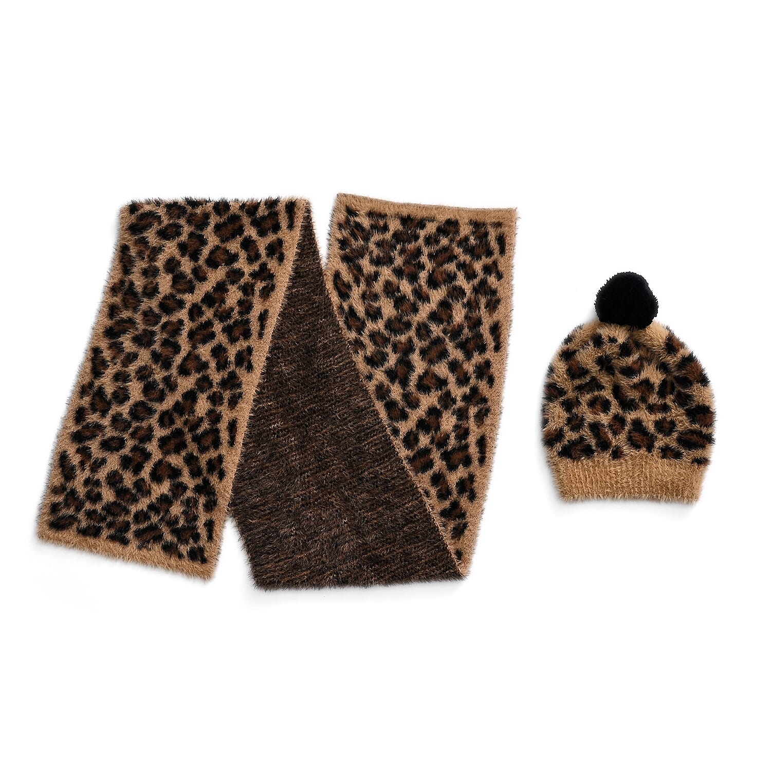 Styled By 2 Piece Leopard Print Scarf and Hat (One Size) - Brown