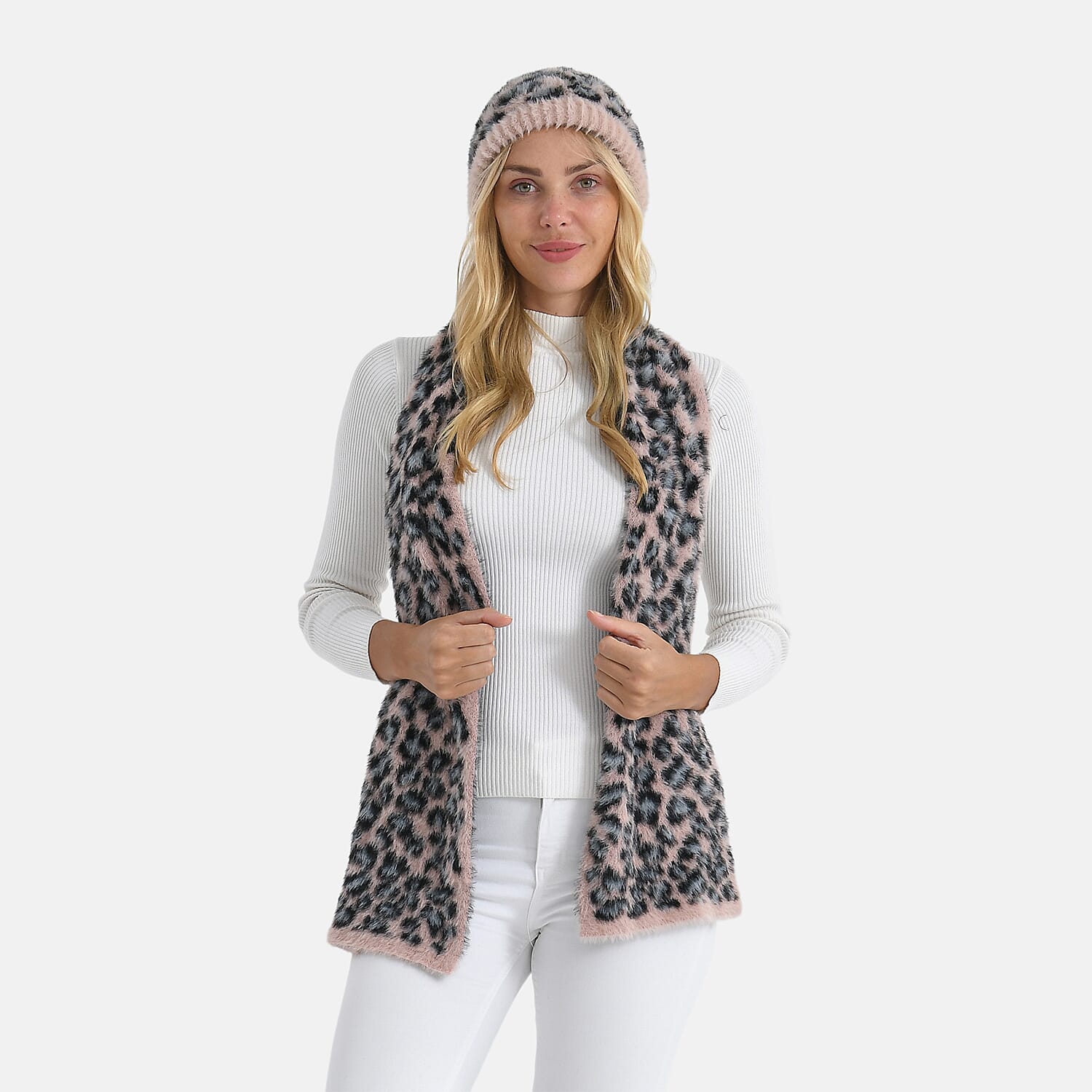 Styled By 2 Piece Leopard Print Scarf and Hat (One Size) - Pink