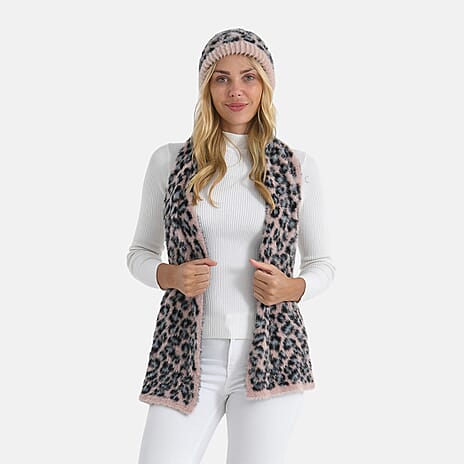 Styled By 2 Piece Leopard Print Scarf and Hat (One Size) - Pink