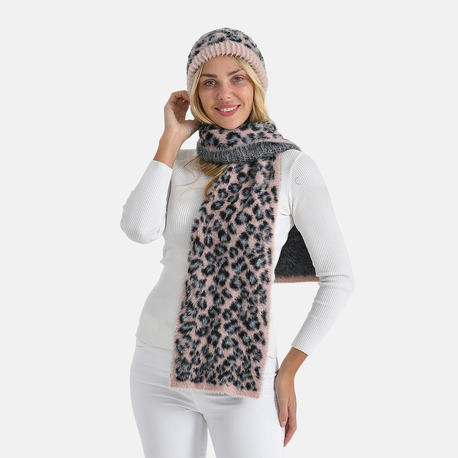 Styled By 2 Piece Leopard Print Scarf and Hat (One Size) - Pink