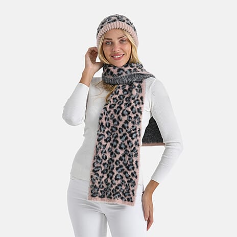 Styled By 2 Piece Leopard Print Scarf and Hat (One Size) - Pink