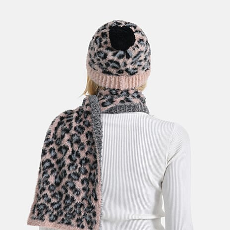 Styled By 2 Piece Leopard Print Scarf and Hat (One Size) - Pink