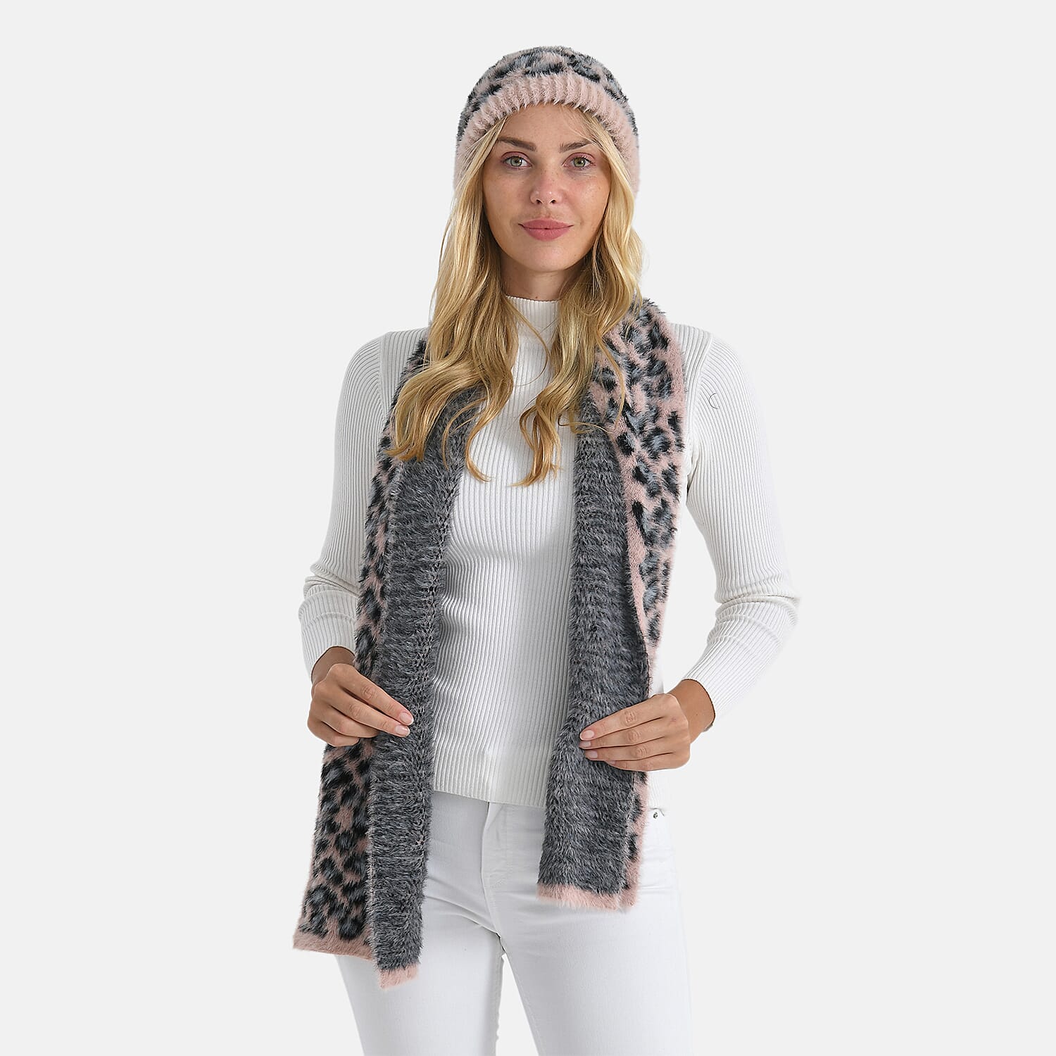 Styled By 2 Piece Leopard Print Scarf and Hat (One Size) - Pink