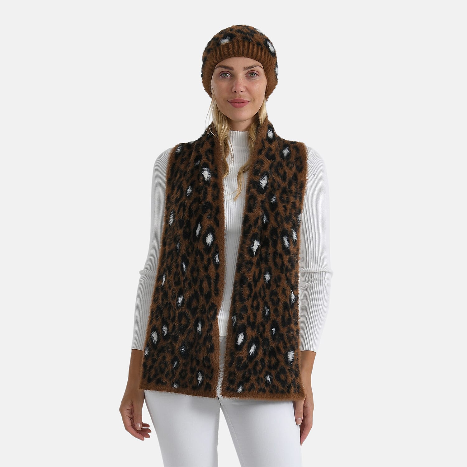 Styled By 2 Piece Leopard Print Scarf and Hat (One Size) - Coffee
