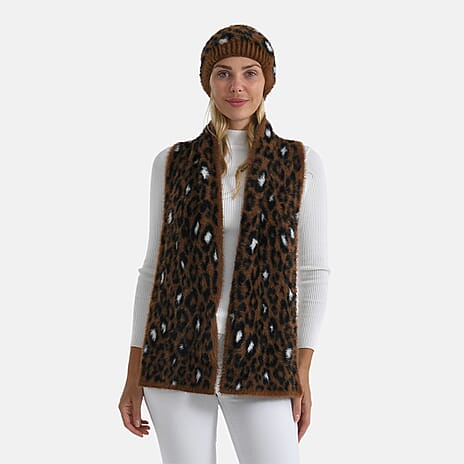 Styled By 2 Piece Leopard Print Scarf and Hat (One Size) - Coffee
