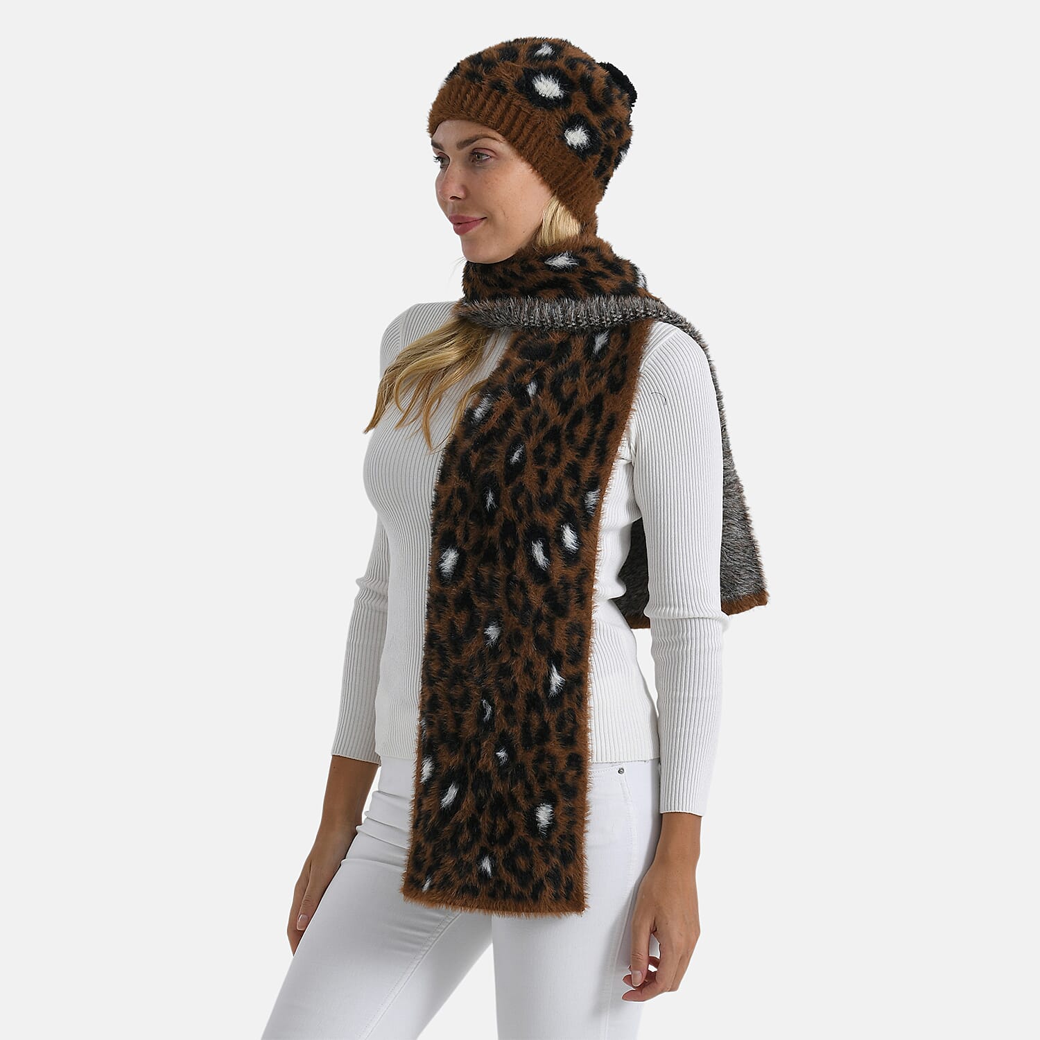 Styled By 2 Piece Leopard Print Scarf and Hat (One Size) - Coffee