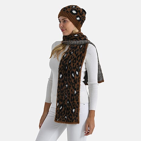 Styled By 2 Piece Leopard Print Scarf and Hat (One Size) - Coffee