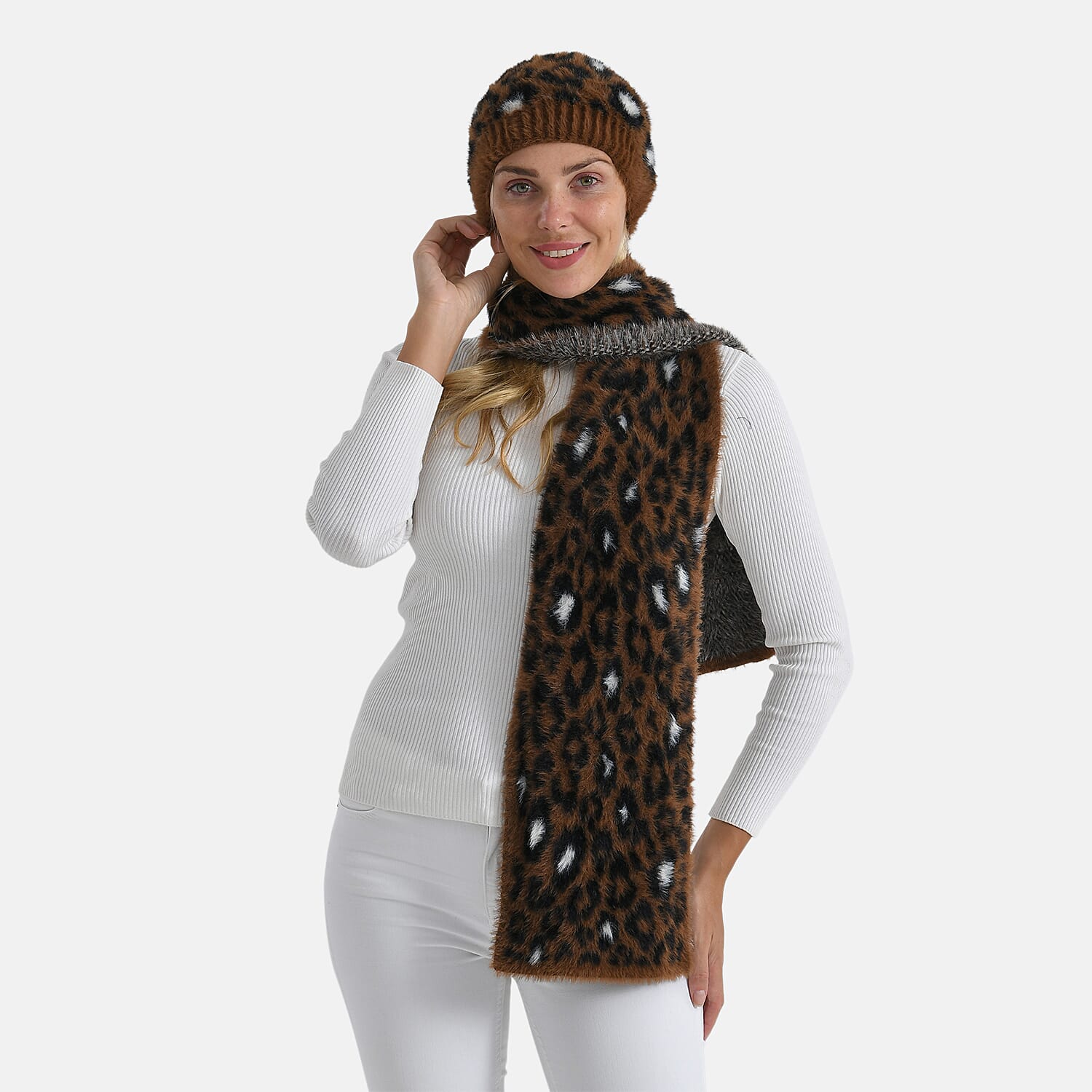 Styled By 2 Piece Leopard Print Scarf and Hat (One Size) - Coffee