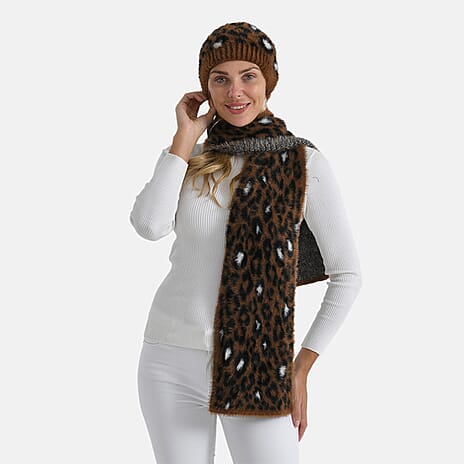 Styled By 2 Piece Leopard Print Scarf and Hat (One Size) - Coffee