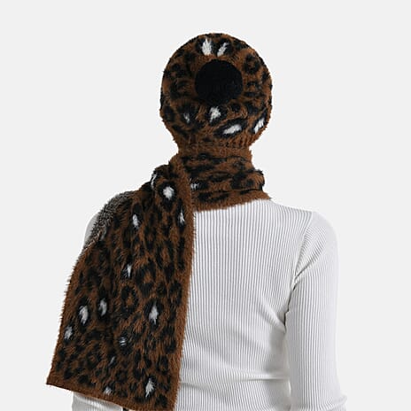 Styled By 2 Piece Leopard Print Scarf and Hat (One Size) - Coffee