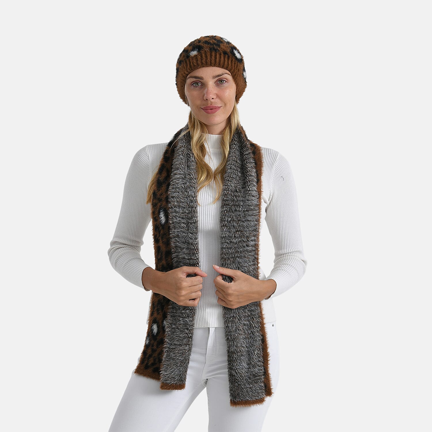 Styled By 2 Piece Leopard Print Scarf and Hat (One Size) - Coffee