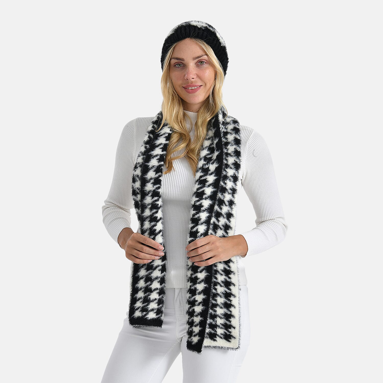Styled By 2 Piece Scarf and Hat (One Size) - Black - White