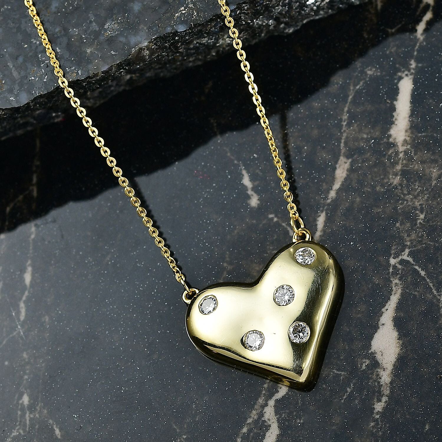 Moissanite Heart Necklace (Size - 20) in Yellow Gold Plated Sterling Silver, Silver Wt. 4.62 Gms