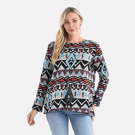 Styled By Round-Neck Aztec Geometric Knitted Top (One Size 8 - 18) - Multicolour