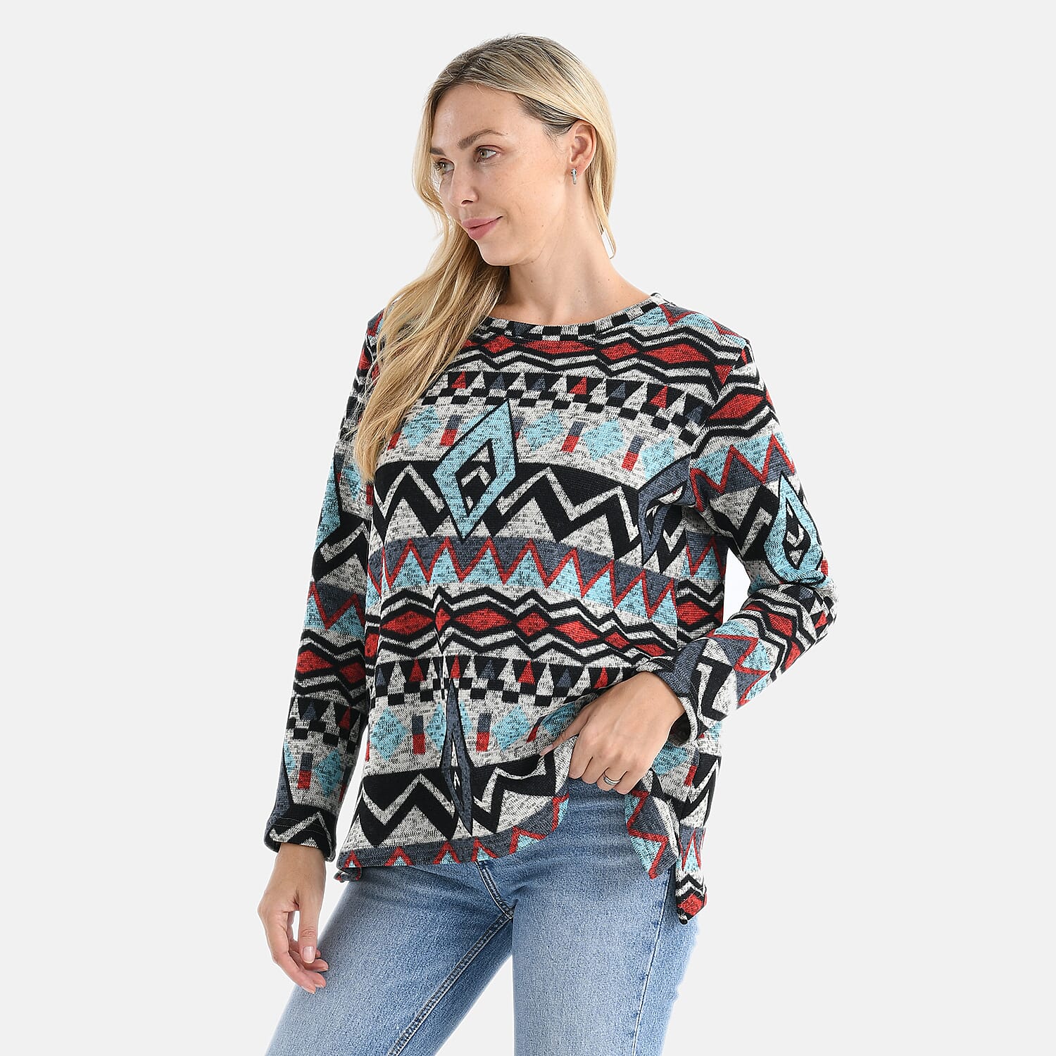 Styled By Round-Neck Aztec Geometric Knitted Top (One Size 8 - 18) - Multicolour