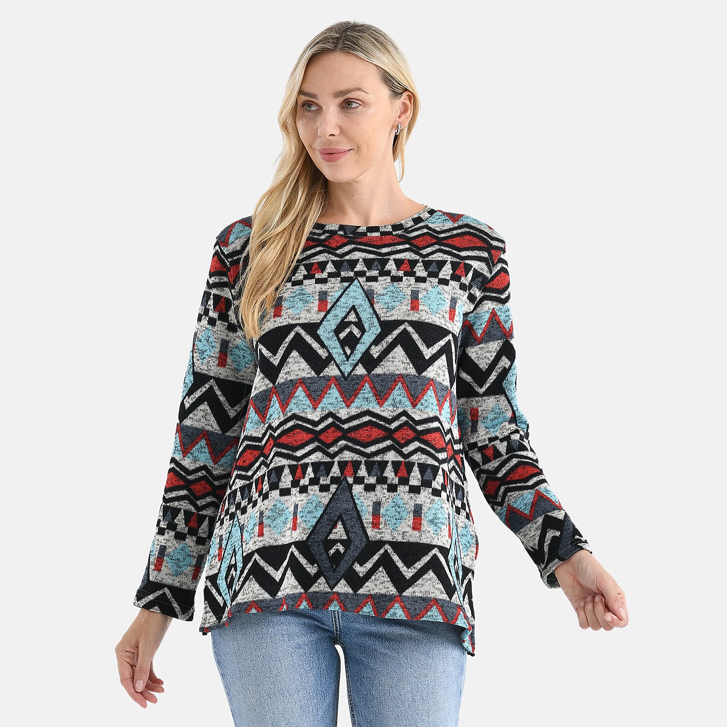 Styled By Round-Neck Aztec Geometric Knitted Top (One Size 8 - 18) - Multicolour