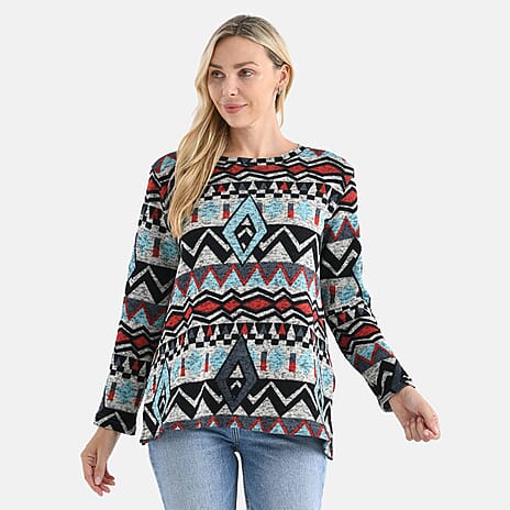 Styled By Round-Neck Aztec Geometric Knitted Top (One Size 8 - 18) - Multicolour