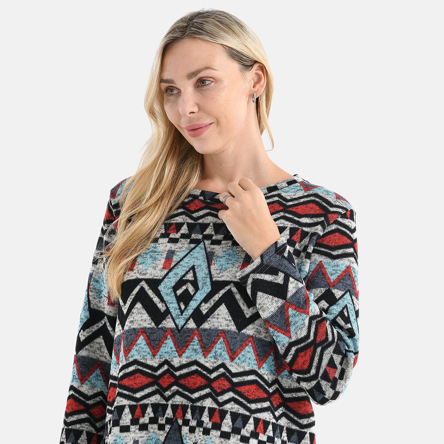 Styled By Round-Neck Aztec Geometric Knitted Top (One Size 8 - 18) - Multicolour