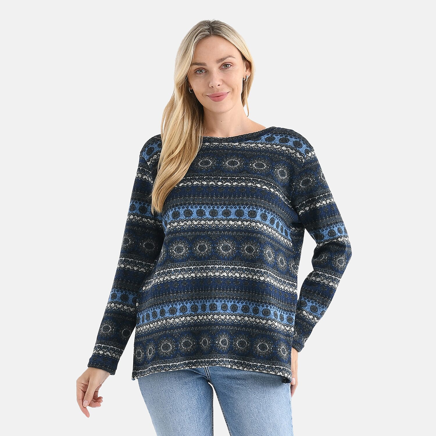 Styled By Round-Neck Aztec Geometric Knitted Top (One Size 8 - 18) - Navy