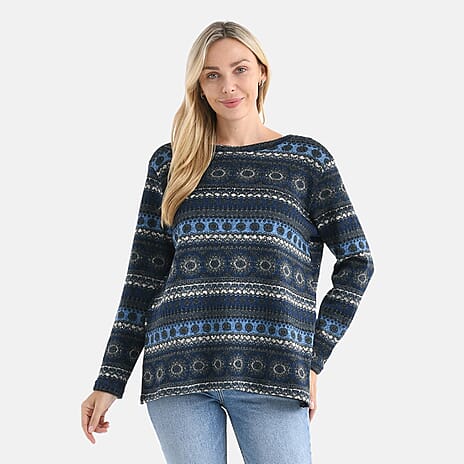 Styled By Round-Neck Aztec Geometric Knitted Top (One Size 8 - 18) - Navy