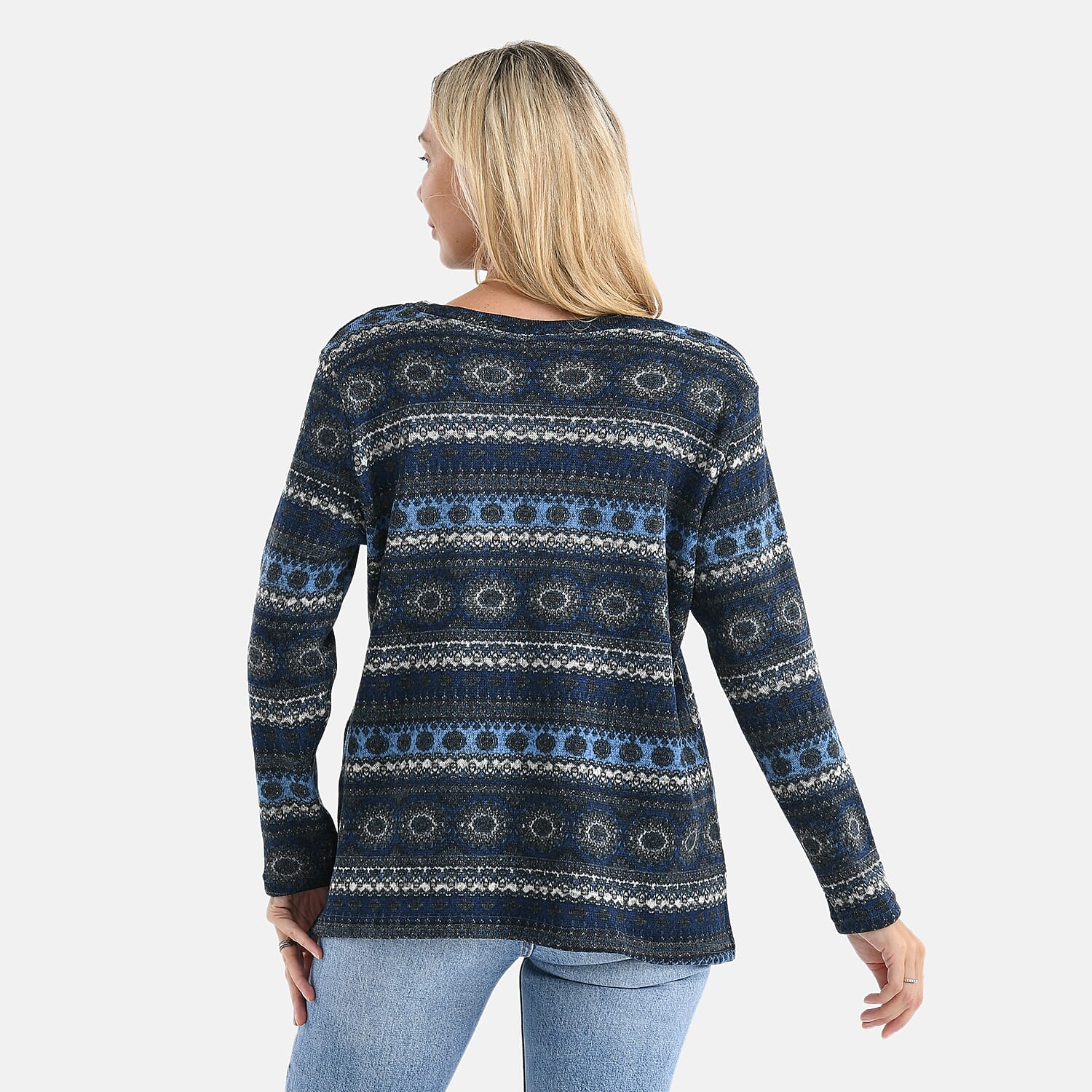 Styled By Round-Neck Aztec Geometric Knitted Top (One Size 8 - 18) - Navy