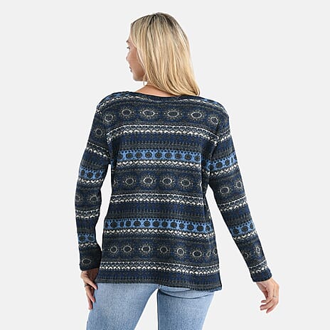 Styled By Round-Neck Aztec Geometric Knitted Top (One Size 8 - 18) - Navy