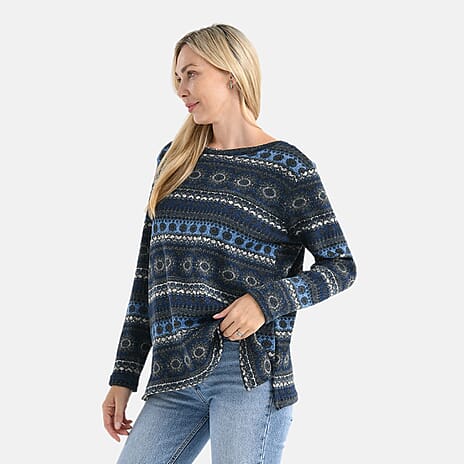 Styled By Round-Neck Aztec Geometric Knitted Top (One Size 8 - 18) - Navy