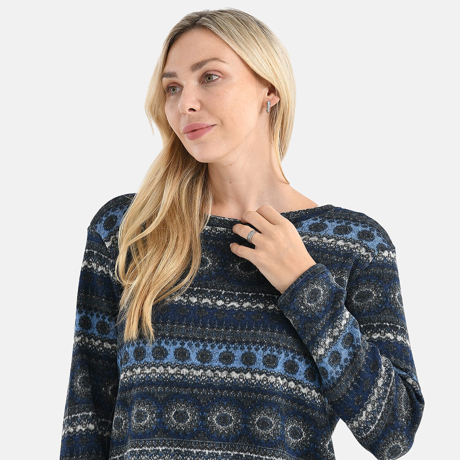 Styled By Round-Neck Aztec Geometric Knitted Top (One Size 8 - 18) - Navy